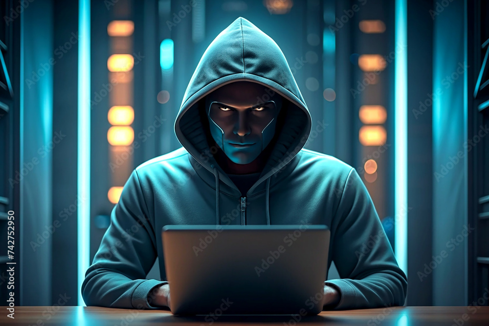 The hacker is working on a computer in black clothes, the face is not visible The hacker is working on a computer in black clothes, the face is not visible