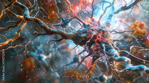 Highly detailed visualization of neuronal synapse with synaptic transmission in the nervous system.