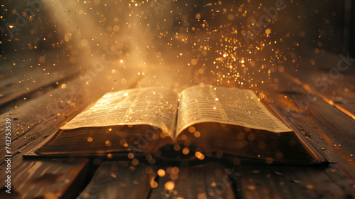The Bible the Holy Book the Word of God with bokeh particles effects Generative AI Illustration photo