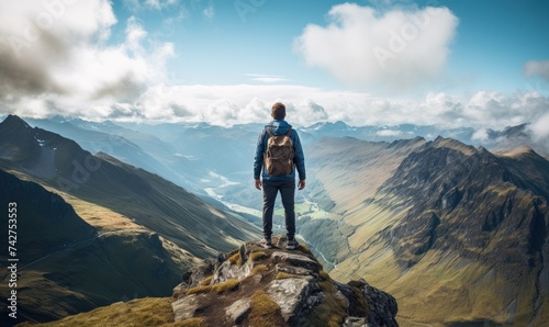Adventurous Man Standing on Mountain Top With Backpack