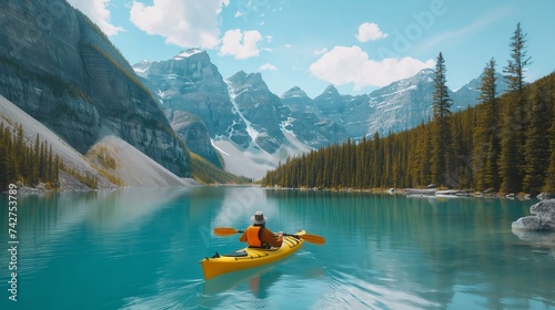A traveler engaging in eco-friendly activities, such as kayaking in a pristine lake or hiking in a park, showcasing sustainable tourism practices. 8k © Muhammad