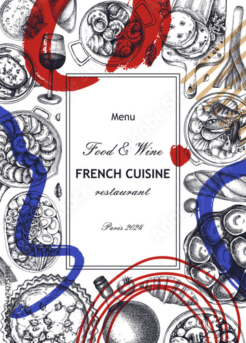 Collage-style French food frame design. Vintage food and wine sketches. Abstract restaurant menu. France background. Hand-drawn vector illustration, NOT AI generated