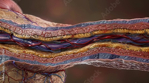 A high-resolution illustration displaying the various layers of human skin with blood vessels and capillaries. #742753986