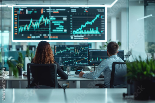 Two colleagues review stock market analytics on desktop in office