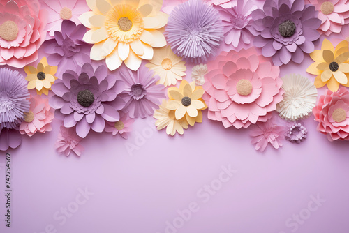 Background of paper flowers  greeting card design. International Women s Day  Mother s Day Postcard. Banner with copy space.