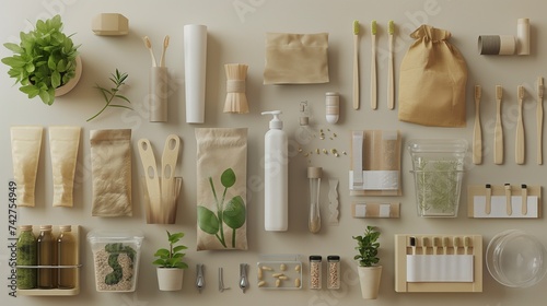 An assortment of biodegradable products and packaging, such as bamboo toothbrushes, compostable bags, and plant-based containers, arranged neatly. 8k