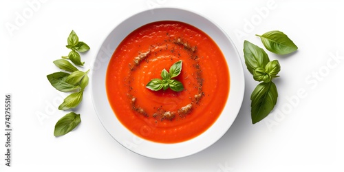 Traditional tomato soup top view with herbal organic scene view photo