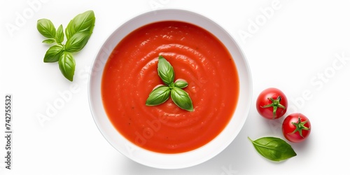 Traditional tomato soup top view with herbal organic scene view