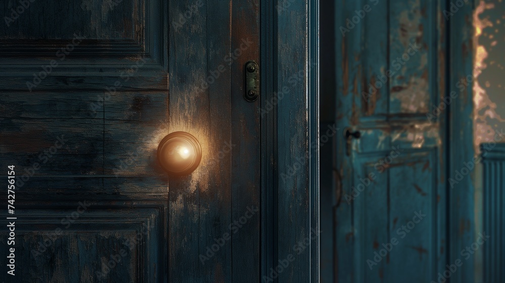 An old, locked door with light seeping through the keyhole, tempting the onlooker with the unknown that lies beyond. 8k An old, locked door with light seeping through the keyhole, tempting the onlooker with the unknown that lies beyond. 8k