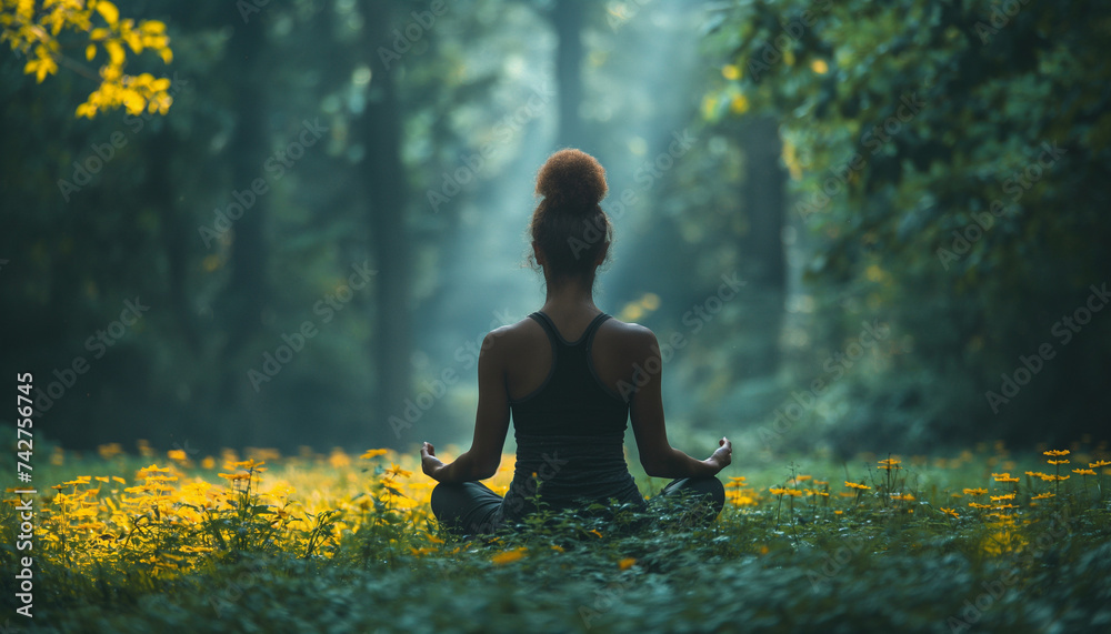A woman meditating in the forest. The tranquility and beauty of nature. Meditation and the concept of mindfulness - obrazy, fototapety, plakaty 