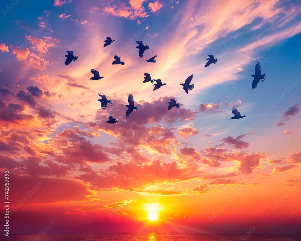 Multiple birds silhouetted against a vibrant sunset sky with stunning clouds and radiant sunlight. Multiple birds silhouetted against a vibrant sunset sky with stunning clouds and radiant sunlight.