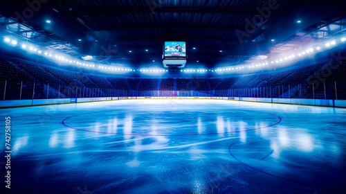 Hockey rink with large screen in the middle of the rink and lights on the ceiling.