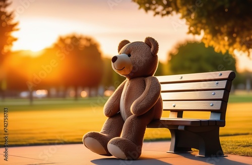 Teddy Bear Sitting Alone on a Park Bench at Sunset. Lost Childhood Toy and Nostalgia Concept