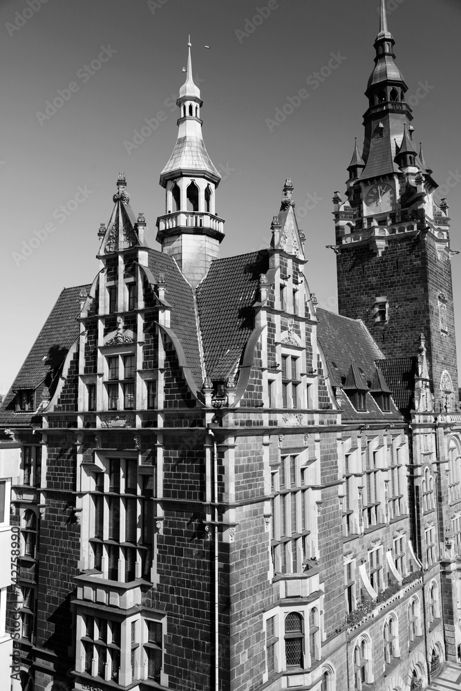 Wuppertal landmark - Elberfeld City Hall. Architecture of Germany. Black and white photo.