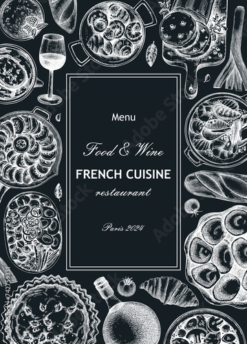 French food frame design on chalkboard. Vintage food and wine sketches. European restaurant menu template. France background. Hand-drawn vector illustration, NOT AI generated