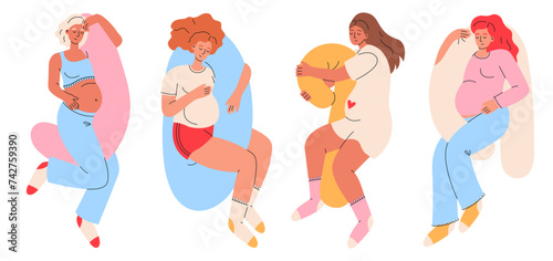 Expectant mothers sleep with specialized pregnancy cushion in different positions. Pregnancy health and care. Flat vector illustration isolated on white background.