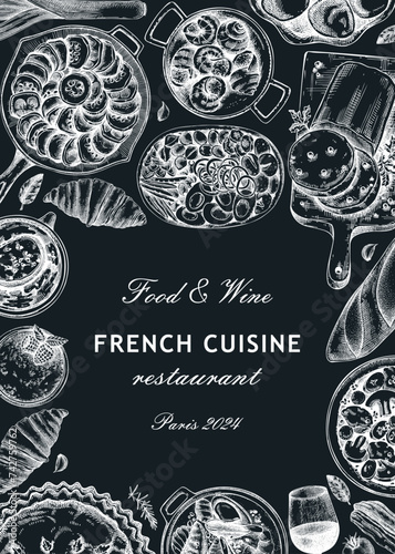 French food frame design on chalkboard. Vintage food and wine sketches. European restaurant menu template. France background. Hand-drawn vector illustration, NOT AI generated