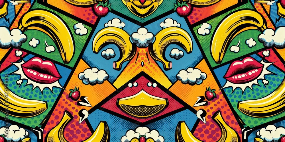 A pop-art inspired pattern featuring stylized bananas and bold, contrasting colors background A pop-art inspired pattern featuring stylized bananas and bold, contrasting colors background