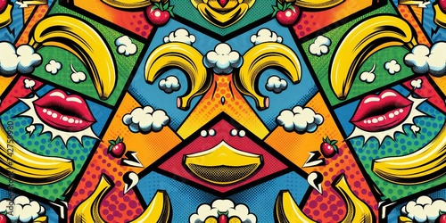 A pop-art inspired pattern featuring stylized bananas and bold, contrasting colors background