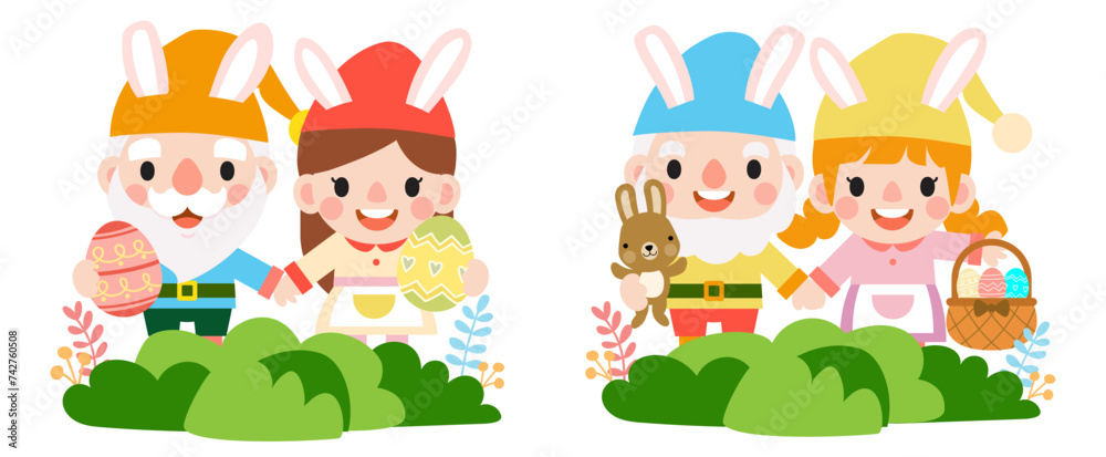 Easter gnomes with bunny rabbit ears, Cute woman wearing bunny ears and Easter eggs Easter gnomes with bunny rabbit ears, Cute woman wearing bunny ears and Easter eggs