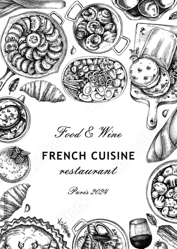 French food frame design. Vintage food and wine sketches. European restaurant menu template. France background. Hand-drawn vector illustration, NOT AI generated