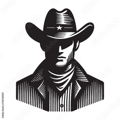 Cowboy in the wild west. vintage engraving portrait, emblem, logo. Isolated object