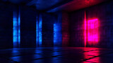 Neon light figures on a dark abstract background. Neon lamps on a brick wall in a dark room