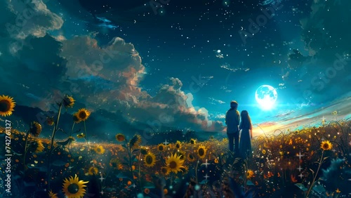 romantic couple in sunflower field. Seamless looping time-lapse virtual 4k video animation background photo