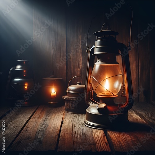 an old portable lantern on a wooden table, a kerosene lamp illuminates the table in the dark, space for text