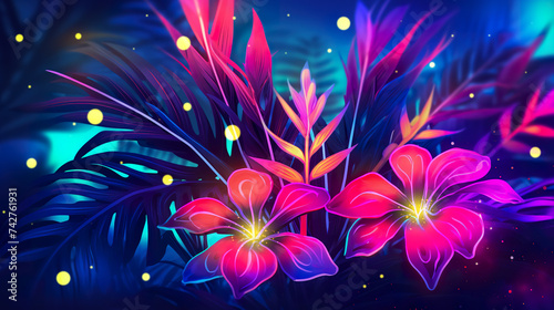 Bright multi-colored neon flowers on a dark background. Tropical glowing plants