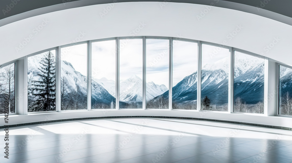 Fototapeta premium futuristic modern light white living room interior, huge windows overlooking beautiful snowy mountain landscape, minimalist interior design background