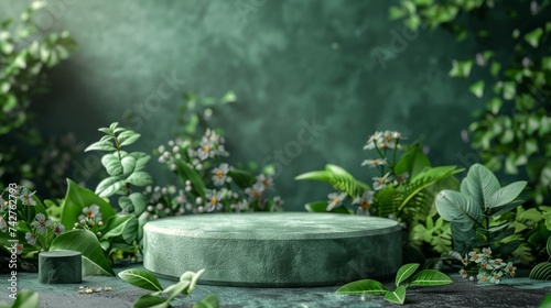 A stone pedestal is beautifully arranged with an assortment of fresh aromatic herbs on a dark, textured background.