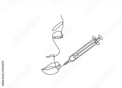 Continuous line beauty surgery concept. One line female portrait. One line syringe, lip filters	