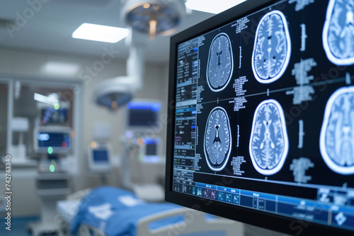 An intensive care unit performs tomographic analysis of brain of comatose patient AI Generation