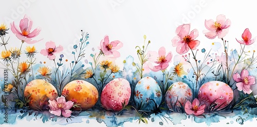 watercolor easter egg pattern, in the style of whimsical compositions, nature-inspired, murals and wall drawings, naturalistic tones. Generative AI.