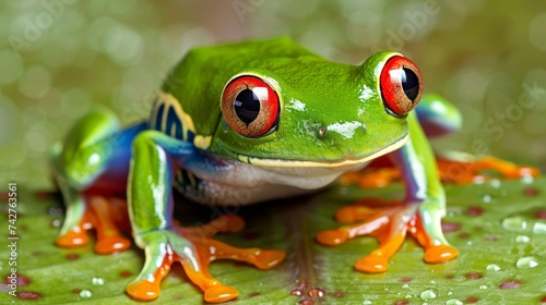 Red eyed amazon tree frog on palm leaf in lush rainforest, vibrant wildlife in its natural habitat.