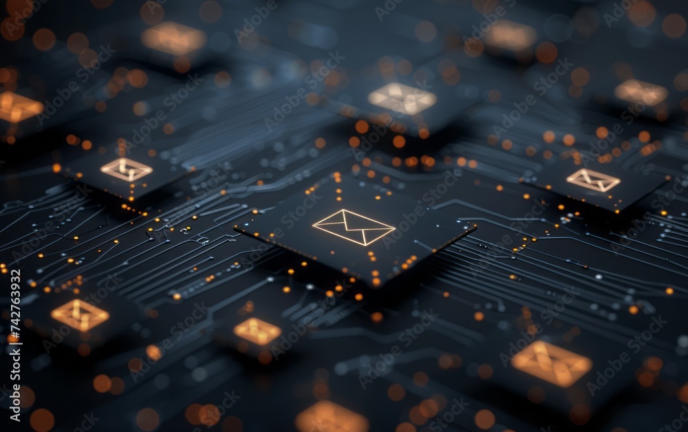 Close up view of circuit board with email symbol that represents the automation of processes in email marketing . Technology and communication concept. Close up view of circuit board with email symbol that represents the automation of processes in email marketing . Technology and communication concept.