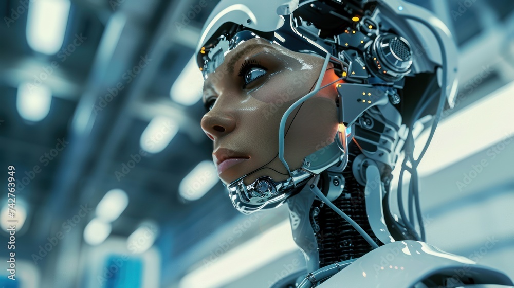an unfinished humanoid female robot been constructed inside a futuristic laboratory an unfinished humanoid female robot been constructed inside a futuristic laboratory