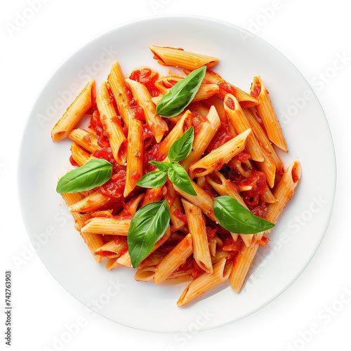 Penne Arrabbiata on isolated white background, top view 