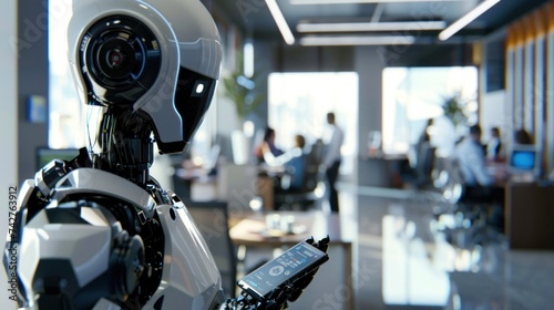 A photorealistic image of a sleek, humanoid robot in a busy corporate office, sending SMS messages on a futuristic phone, employees in the background