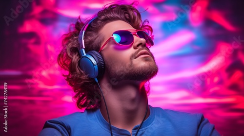 Young man wearing headphones listening to music on neon background