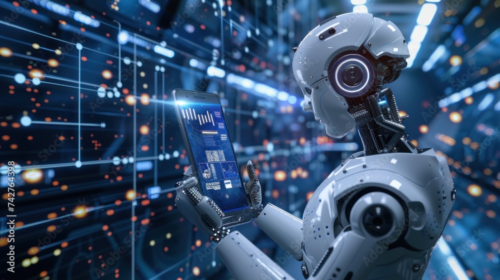 A self-awareness mobile phone, resembling a robot in appearance, with complex algorithms and codes displayed on the screen A self-awareness mobile phone, resembling a robot in appearance, with complex algorithms and codes displayed on the screen