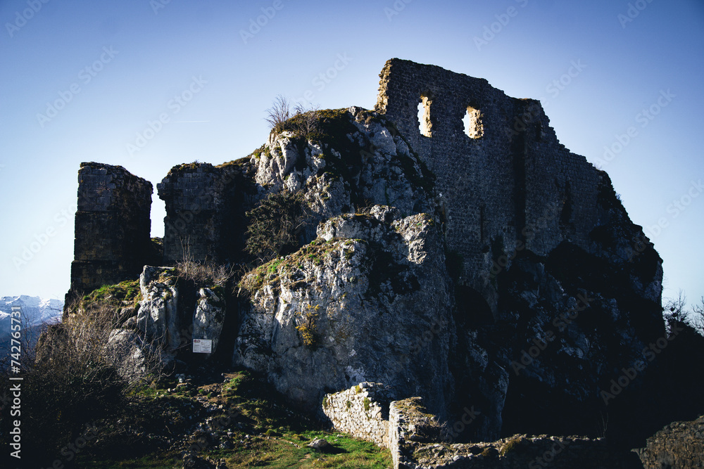 Roquefixade castle in the pyrenees mountains, Occitanie, France