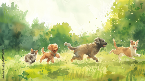 group of small and large dogs and cats, featuring a Dachshund, a Maine Coon, a Golden Retriever, and a Tabby cat, all in mid-leap and run across a field at sunset.