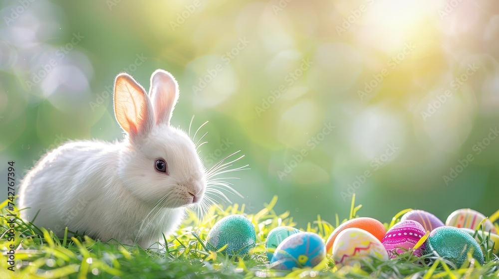 White Bunny with Colorful Easter Eggs on Grass

