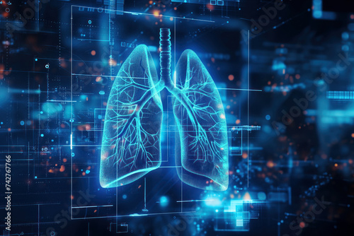 Doctor examines patient diseased lungs using radiological imaging digital tomography tomography chest with human lungs Generative AI photo