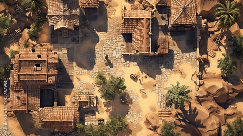 RPG battle desert map. Fantasy battlefield illustration, cartography medieval town location. Hobby roleplaying. AI generated photo