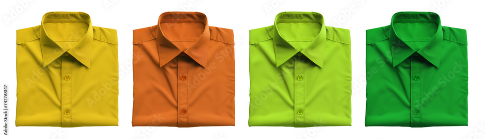 Set of folded yellow orange mustard and dark light green lime button up long sleeve collar shirt on transparent background cutout, PNG file. Mockup template for artwork graphic design

 - obrazy, fototapety, plakaty 