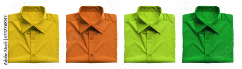 Set of folded yellow orange mustard and dark light green lime button up long sleeve collar shirt on transparent background cutout, PNG file. Mockup template for artwork graphic design

