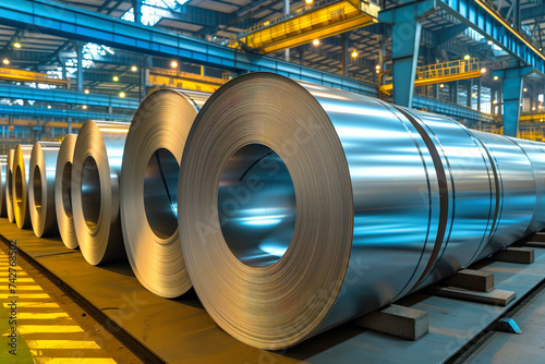 Rolls of galvanized steel coil sheet inside factory at warehouse. Generative AI